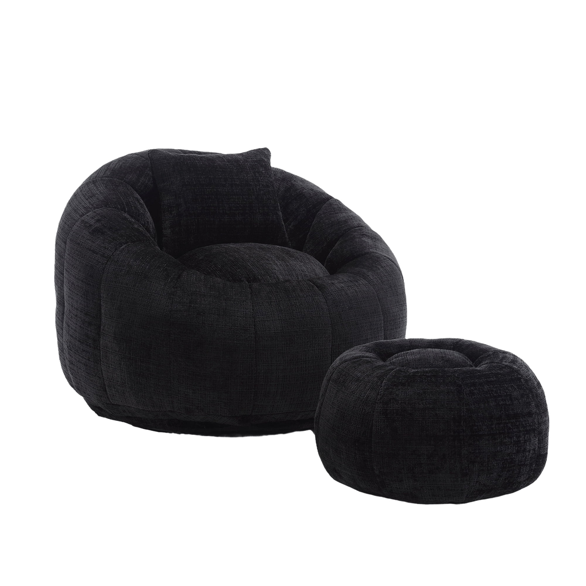 MOONMISS Chenille Upholstered Round Lazy Cozy Bean Bag Chair with Ottoman-BLACK