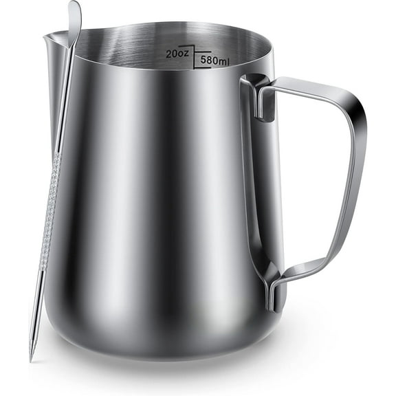 Milk Frothing Pitcher, 20oz Steaming Pitcher Stainless Steel Espresso Machine Accessories for Coffee Bar, Cappuccino Barista Tools Milk Jug Steamer Frother Cup with Decorating Latte Art Pen