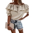 thumbnail image 2 of Sedceaty Women Fashion Wild Shirts Solid Color Boat-Neck Off-Shoulder Half Sleeve Chiffon Blouses Summer Casual Ruffles Tie-Up Tops, 2 of 6