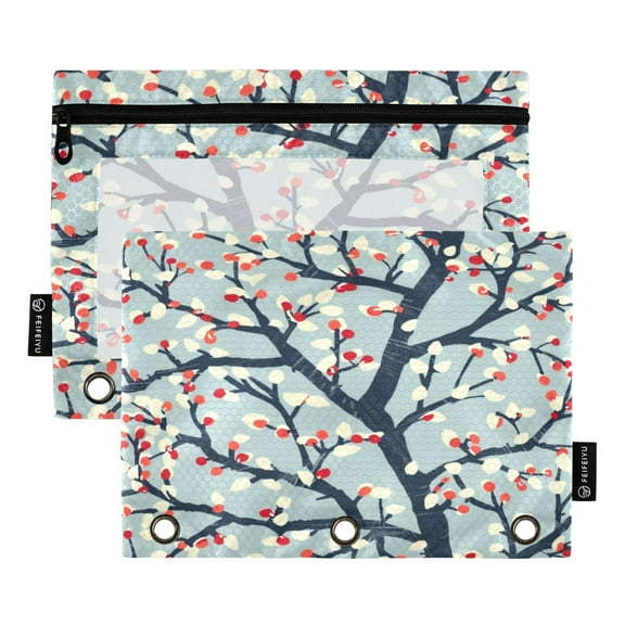 2 Pack Pencil Bag 9.84x6.1 Inch 3-Ring Page Turning Folder Zipper Pencil Case Pencil Bag Page Turning File BagWinter Branch