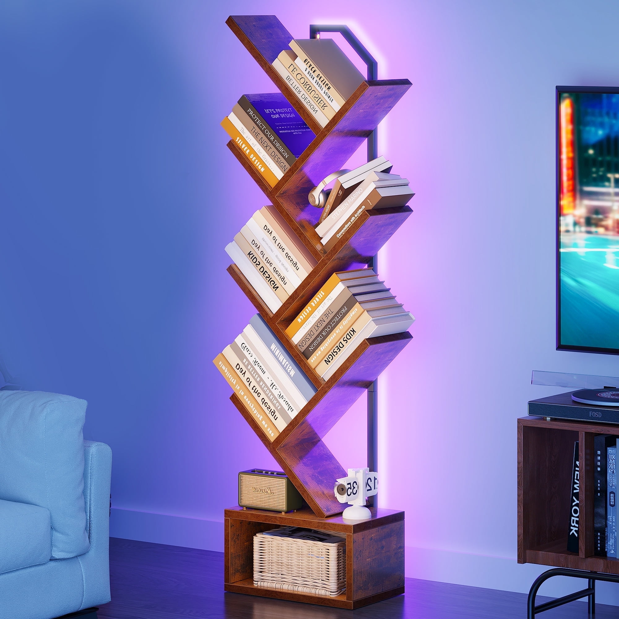 Casacomoda 6-Tier Tree Bookshelf with LED Light, Modern Corner Bookcase Display Shelf for Living Room, Bedroom & Home Office, Vintage
