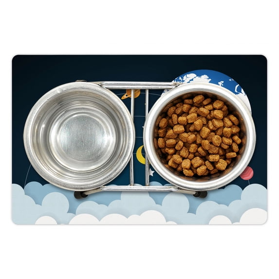 Outer Space Pet Mat for Food and Water, Elements of the Galaxy Planets Clouds the Moon Rotating, Non-Slip Rubber Mat for Dogs and Cats, 18" X 12", by Ambesonne