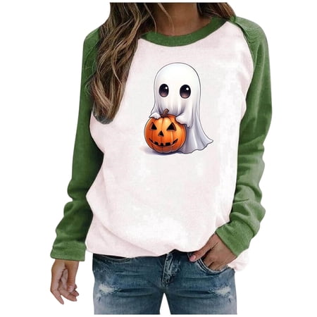 aohooy Halloween Women s Shirts 2025 Crewneck Casual Long Sleeve Fall Sweatshirts Lightweight Pullover Tops Graphic Cute Sweater Green M