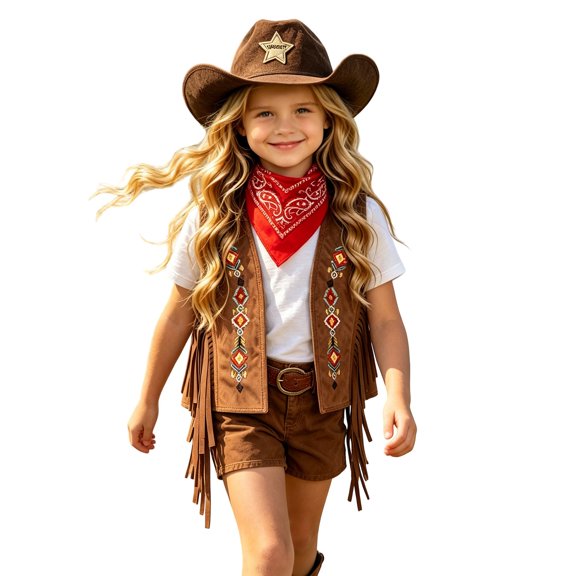 YunPes Cowboy Outfits Set for Kids Open-Front Faux Suede Vest with Cowboy Hat & Red Bandana Unisex Teen Halloween Holiday Party Playwear