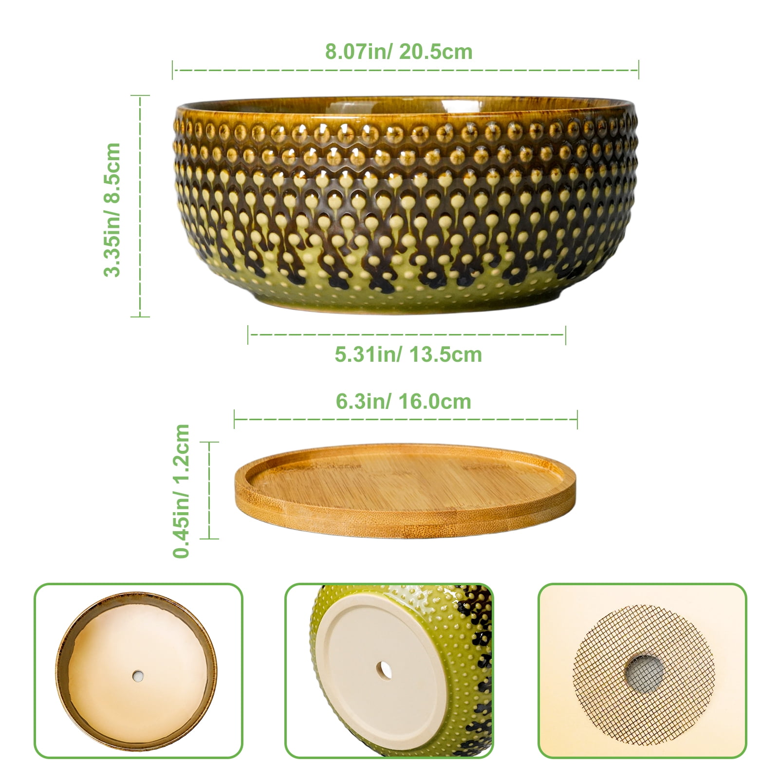 EPFamily 8 inch Brown-Green Succulent Planter Bowl with Drainage & Bamboo Saucer,Modern Ceramic Shallow Pots for Bonsai Trees, Cacti, Indoor Plants