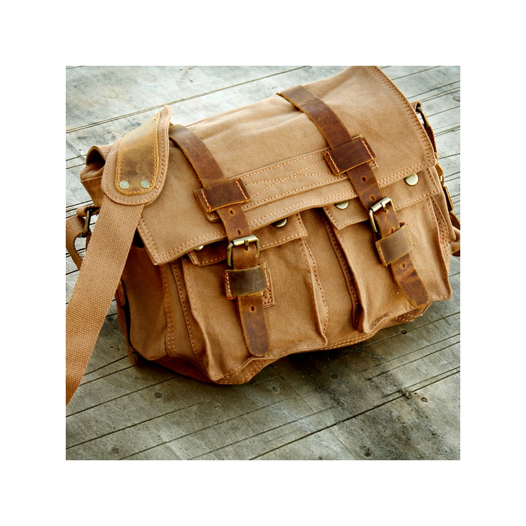Men's Vintage Canvas and Leather Satchel School Military Shoulder Bag  Messenger - Brown 