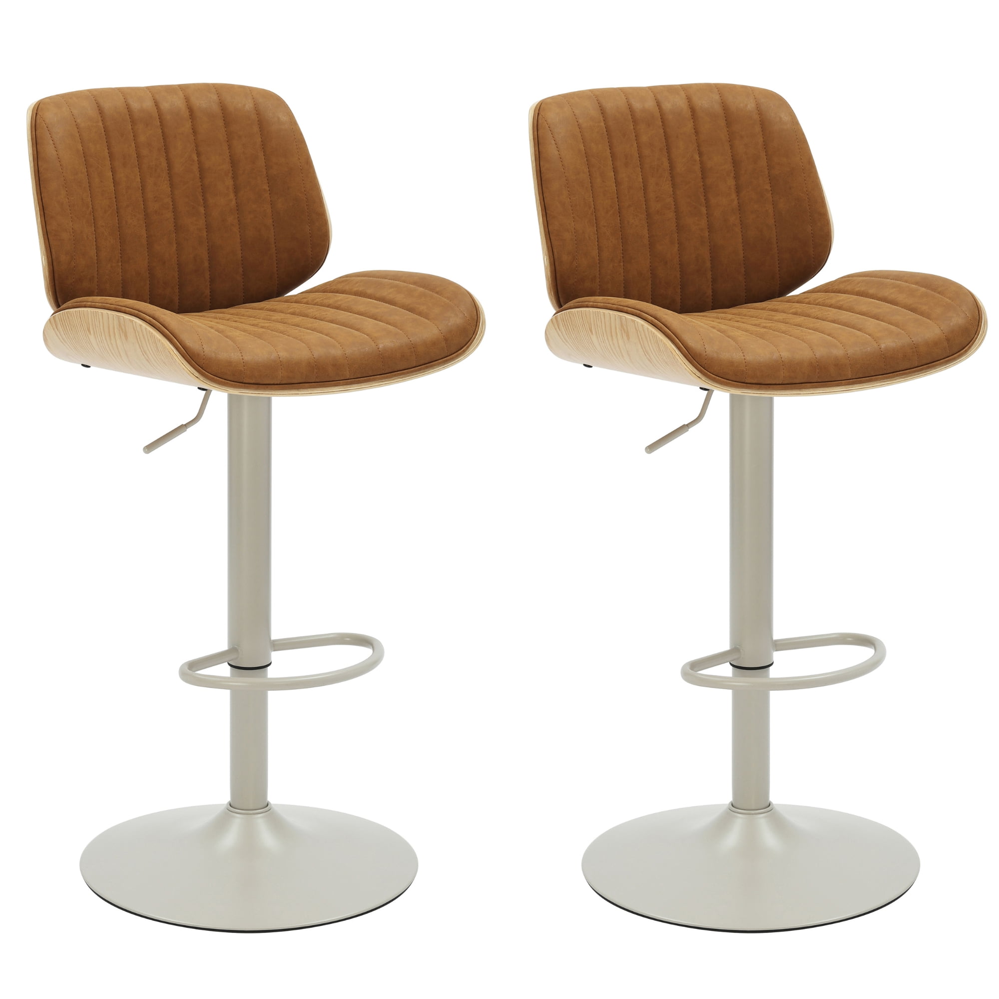 Brock Adjustable Swivel Camel Curved Back Wood Bar Stool with Faux Leather Seat Set of 2
