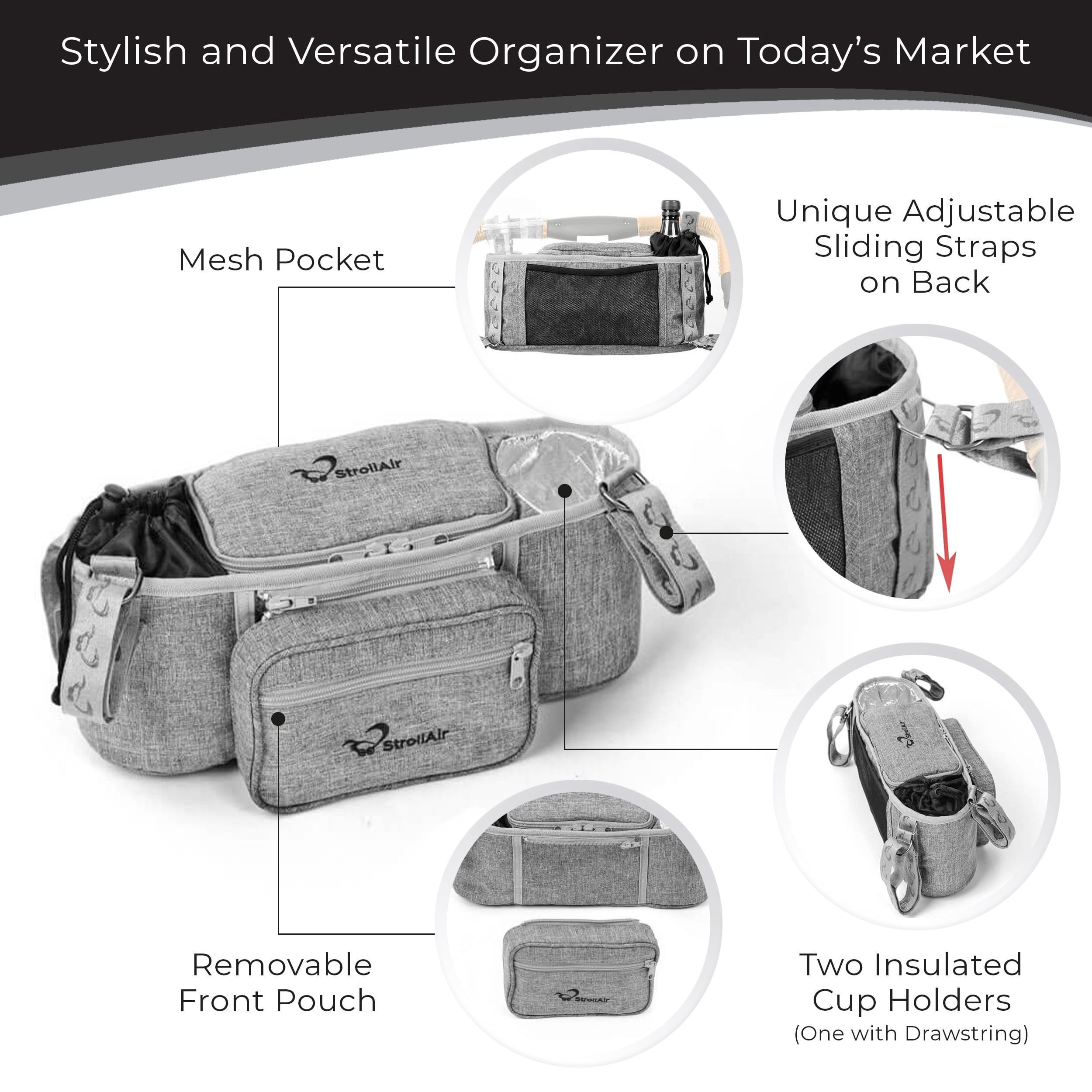 StrollAir - Universal Organizer for Single Strollers - Compatible with CosmoS, SOLO, Nuna, Baby Jogger, Bumbleride, Uppababy, Bugaboo - Black (Black)