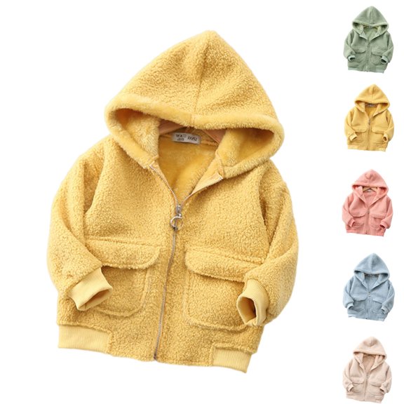 Toddler Jacket Dqueduo Toddler Boys Girls Fleece Hooded Full Zip Warm Coat Jacket With Pockets Yellow 3-4Years
