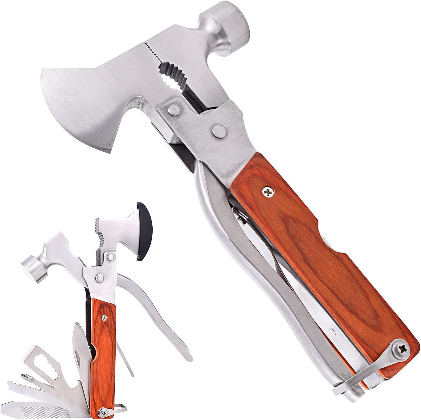 RGHJAR-Multitool Hammer Camping Gear Accessories Survival Kits 14 in 1 Multifunction Tool Portable Folding Wood Handle Stainless Steel Multipurpose Equipment For Outdoor Hiking Hunting Tactic Unique