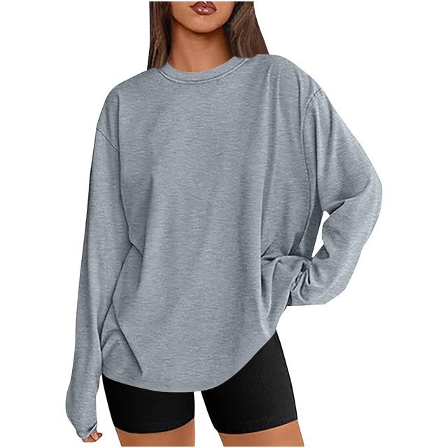 T-shirts Surdimensionnés pour Femmes Manches Longues Col Rond Chemise Décontractée Ample Tunique Couleur Unie Automne Basiques