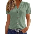 thumbnail image 5 of Women's Cotton Linen Shirt, Button Down Short Sleeve V-Neck Blouse, Breathable & Soft Casual Top for Daily Wear, Office, and Summer Outfits Essential Wardrobe Staple-Light Green, 5 of 7