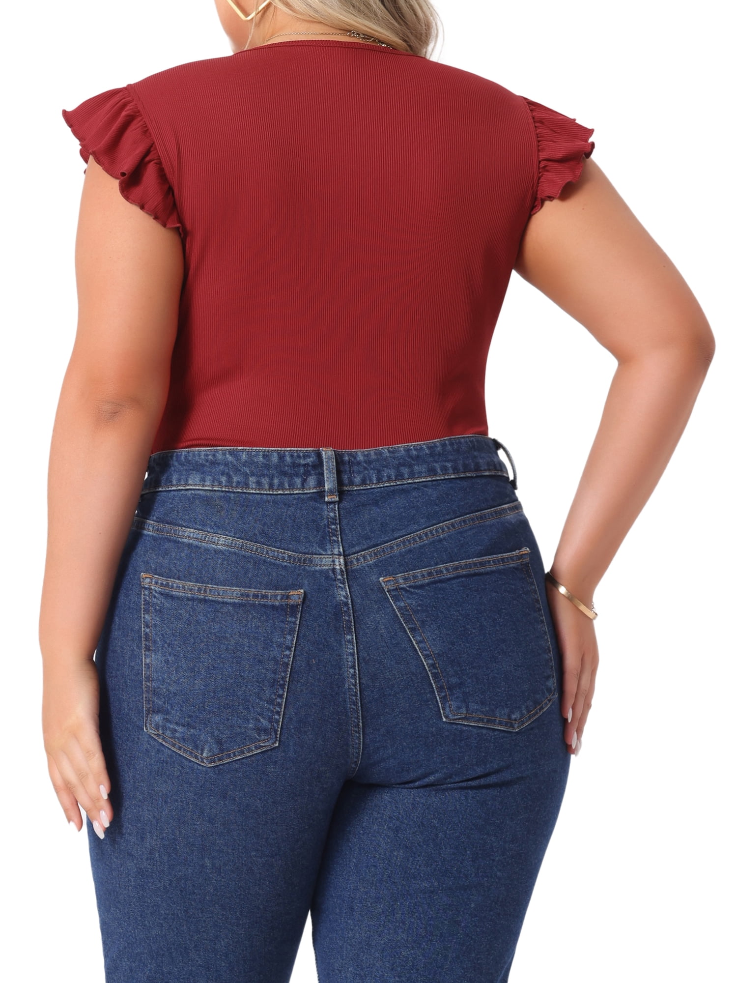 DARING DIVA Women's Plus Ruffle Sleeveless Slim Fit Stretchy Bodysuit 4X Red