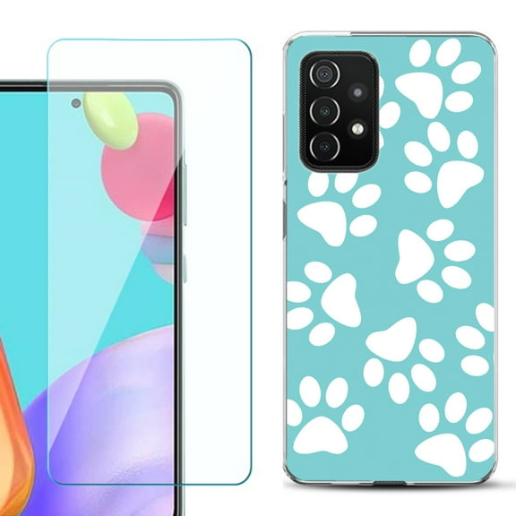Slim-Fit Flexible Gel TPU Phone Case compatible with Samsung Galaxy A52 5G, with Tempered Glass Screen Protector, by OneToughShield ® - Pet Paw / Teal