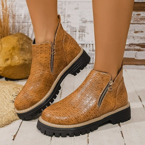 SUNVIT Womens Comfortable Brown Ankle Boots Size 40 - Crocodile Embossed, Side Zipper, Chunky Sole, PU Faux Leather for Casual Daily Wear