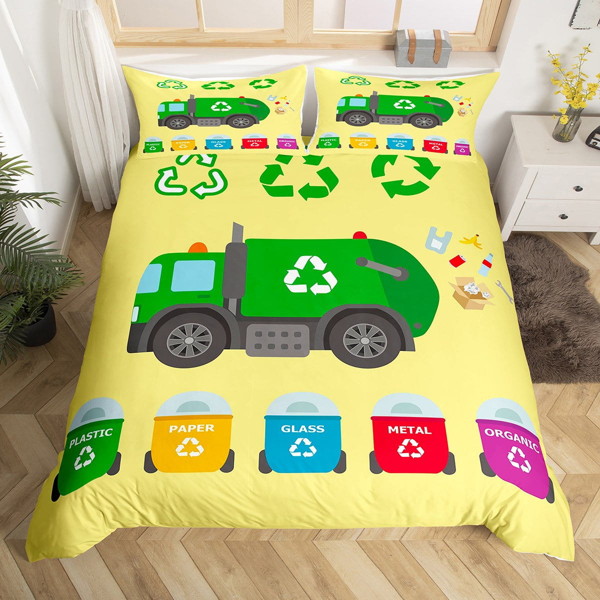Kids Green Garbage Truck Comforter Cover Twin Size,Recycling Trash Truck Bedding Set for Toddler