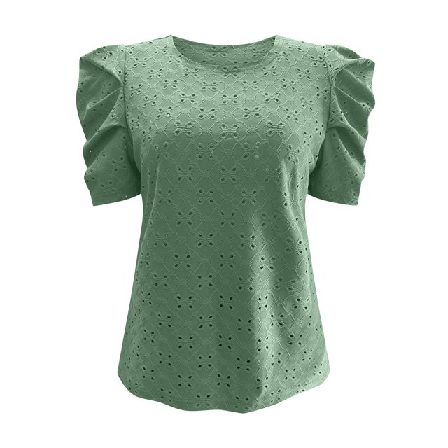 Fiudx Ofertas Relámpago Tops de Manga Corta con Cuello Redondo y Manga de Color Sólido a La Moda para Mujer