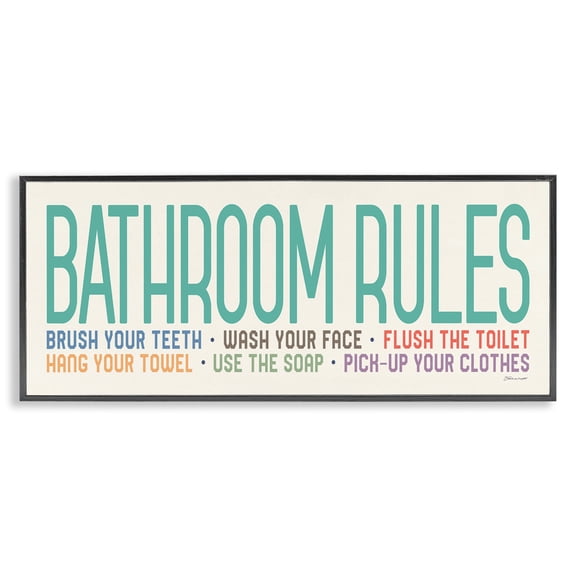 Stupell Industries Bathroom Rules with Teal Text Abstract Painting Black Framed Art Print Wall Art, 24 x 10