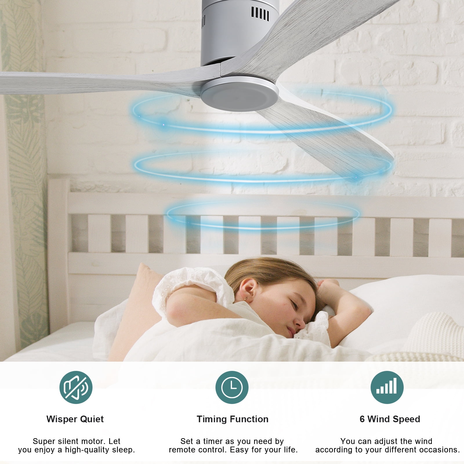 Sofucor 52 Inch Ceiling Fan Without Lights Flush Mount Ceiling Fan with Remote Control, Wood Blades , Silver