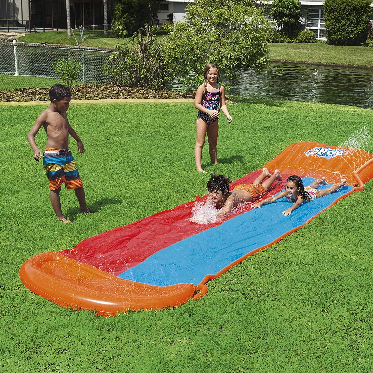 H2OGO! Double Lane Inflatable Water Slide | Includes Speed Ramp & Splash Landing | Great Outdoor Summer Toy for Family Fun, Multicolor