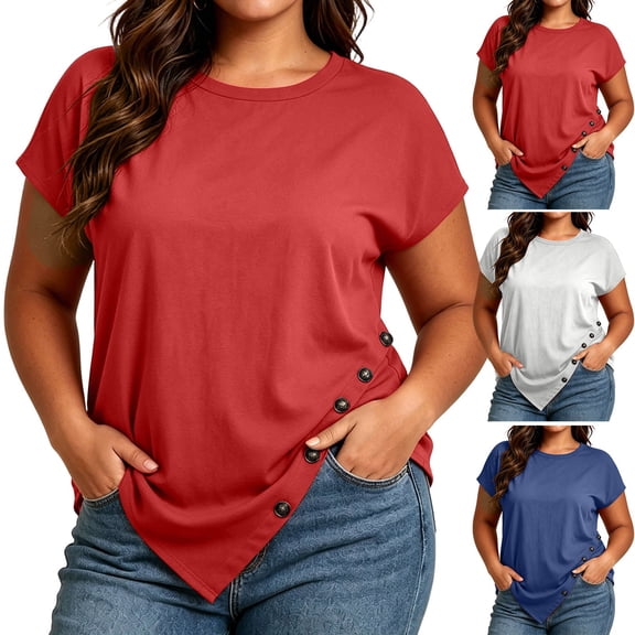 Yourumao Women's Plus Size Tops Asymmetrical Hem Short Sleeve Tunics with Button V Neck Loose Casual Blouses for Summer Outdoor