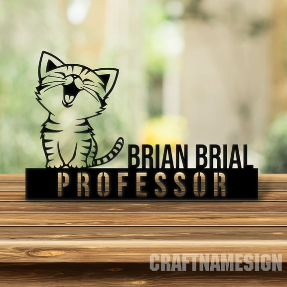 Craftnamesign Custom Wooden Desk Name Plate for Cat Lovers, Cute Cat Metal Nameplate for desk