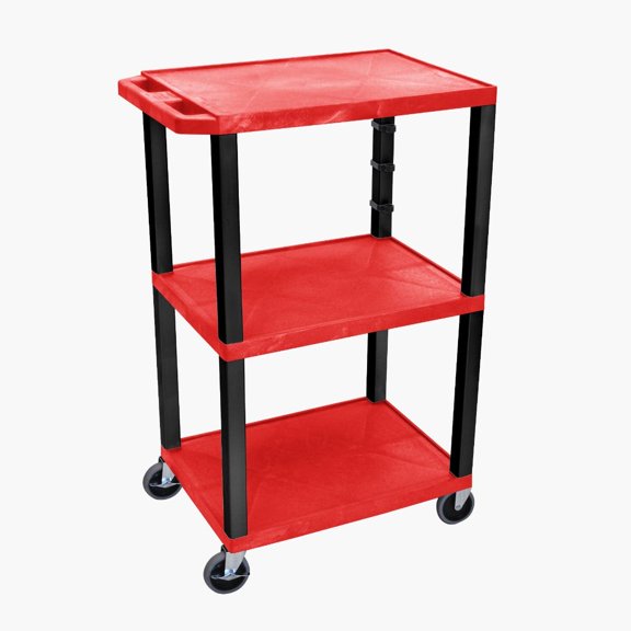 Luxor Tuffy 42" H Three-Shelf Multi-Purpose Utility Cart with Electric, 24" W x 18" D, Red Shelves/Black Legs