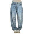 thumbnail image 2 of Women's High Waist Harem Jeans, Loose Baggy Wide Leg Denim Pants with Rhinestones, Casual Distressed Washed Jeans for Streetwear, Daily Wear and Outfits Light Blue XXXXL, 2 of 5