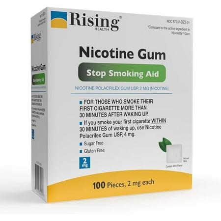 Rising Health - Nicotine Polacrilex Coated Gum 2 mg (Nicotine), Coated Mint Flavor, Stop Smoking Aid; Quit Smoking with Nicotine Gum, 100 Count (2mg)