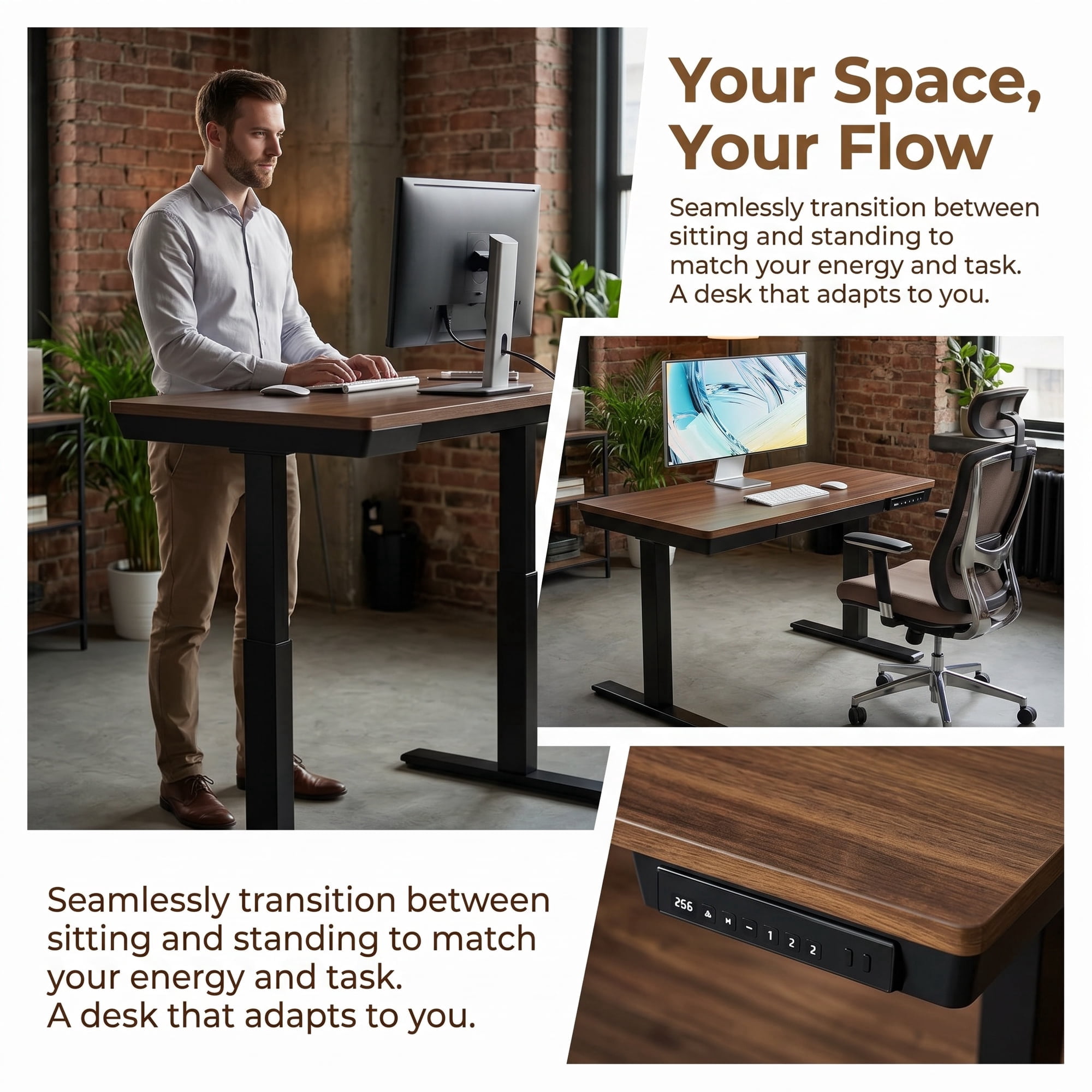 One-Piece Tabletop Standing Desk with USB & Type-C & Drawers, 48" x 24" Electric Adjustable Height Desk, Sit to Stand Up Computer Desk, Walnut
