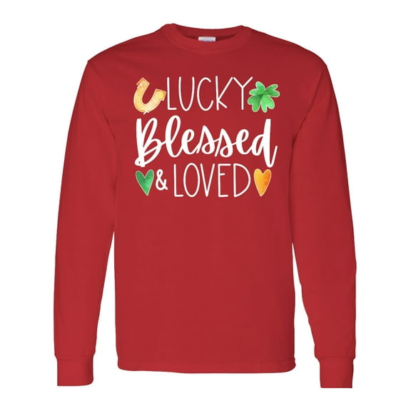 Inktastic Lucky Blessed and Loved Horseshoe Clover Hearts Long Sleeve T-Shirt