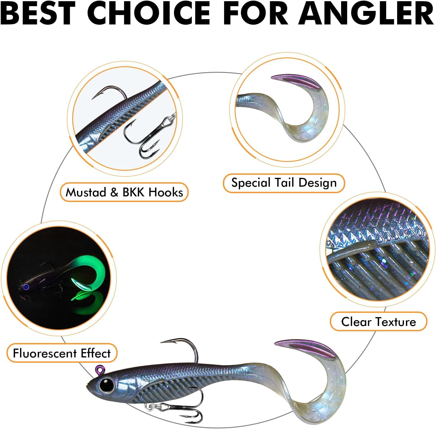 TRUSCEND Duramax Soft Fishing Lures with BKK Hooks, Easy Catch Curly & T-Tail for Trembly Sinking & Vibrating Swim, UV or Glow Effect for All Conditions, Pre-rigged Swimbait for Bass Trout Crappie
