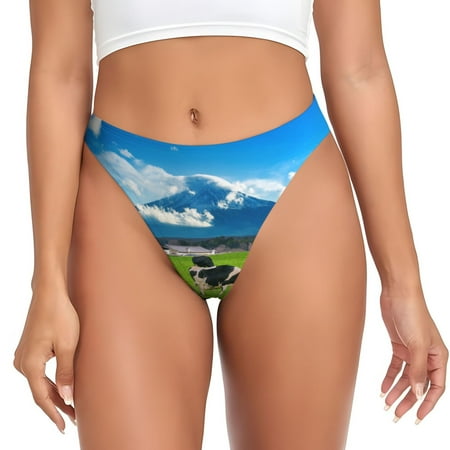 Qokaie Grazing Cows Mountain View Printed Women s Cotton Thong Underwear  Sexy Breathable Panties G-string-Large