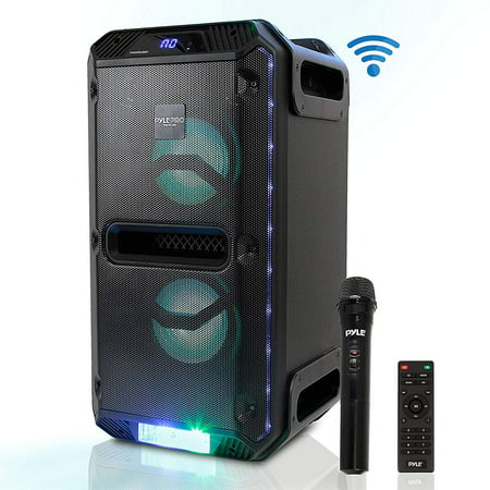 Portable Active PA Speaker System - 500W Outdoor Wireless Bluetooth Compatible Battery Powered Rechargeable Karaoke Sound Speaker Microphone Set w MP3 USB FM Radio Aux DJ LED Lights - Pyle (Best Powered Pa Speakers)