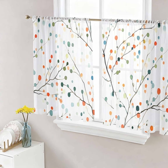 Colorful Botanical Sheer Curtains 54 Inch Length 2 Panels Set, Rainbow Color Leaves Spring Summer Voile Window Treatment Rod Pocket Short Kitchen Curtains Drapes for Bedroom 52"x54"x2