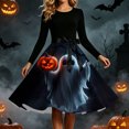 thumbnail image 5 of Karymi Easter Dresses for Women Halloween Print Swing Midi Dress, Solid Crew Neck Long Sleeve Satin Bow Waist Vintage A Line Party Costume Dress Wedding Guest Dresses for Women, 5 of 6
