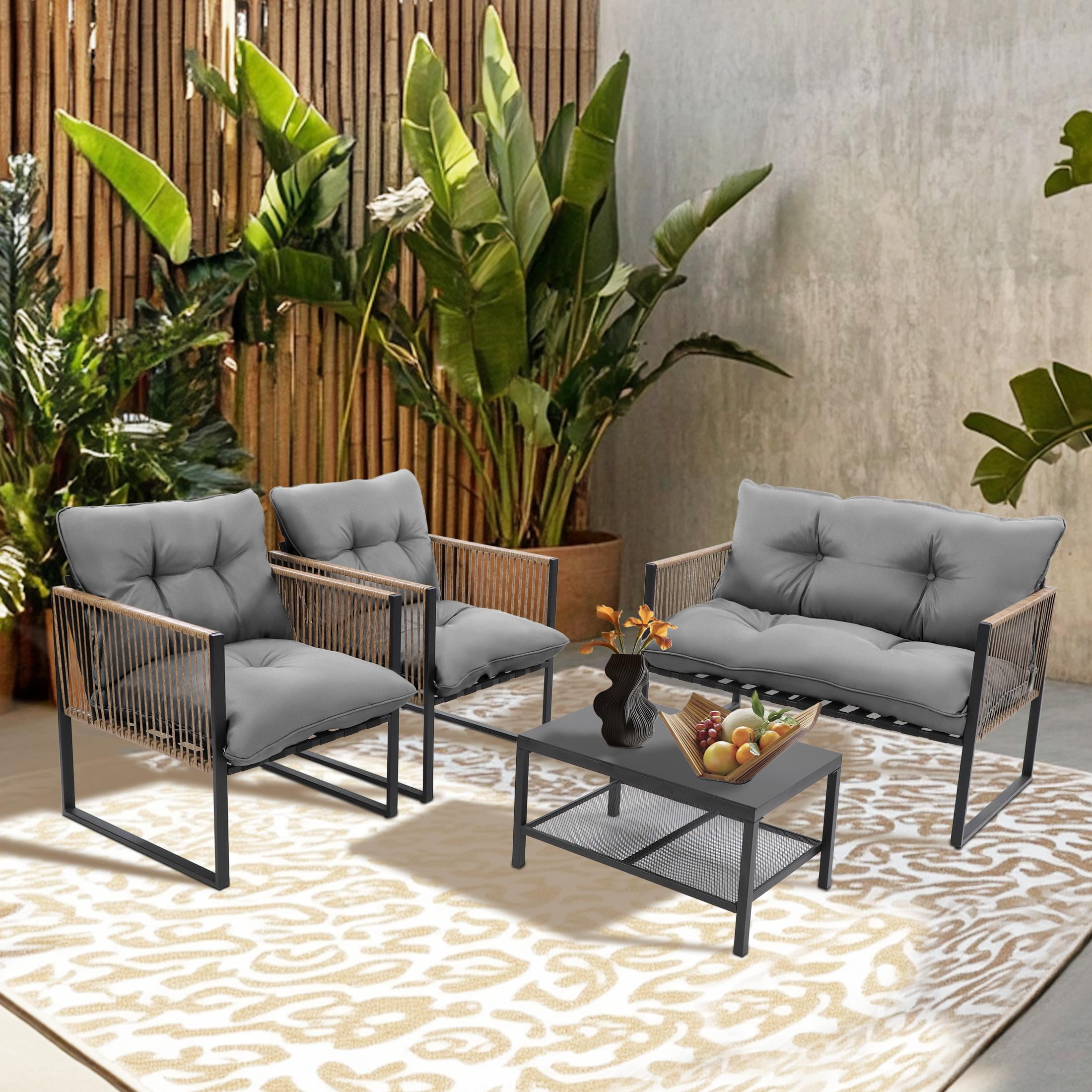 4 Pieces Outdoor Wicker Conversation Set, All-Weather Rattan Patio Furniture Sets with Arm Chairs, Tempered Glass Tabletop and Cushions, Sectional Sofa Set for Backyard, Garden, Poolside