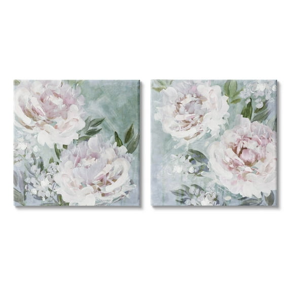 Fluffy Blooming Peonies Nature Botanical & Floral Graphic Art Gallery Wrapped Canvas Print Wall Art, Set of 2