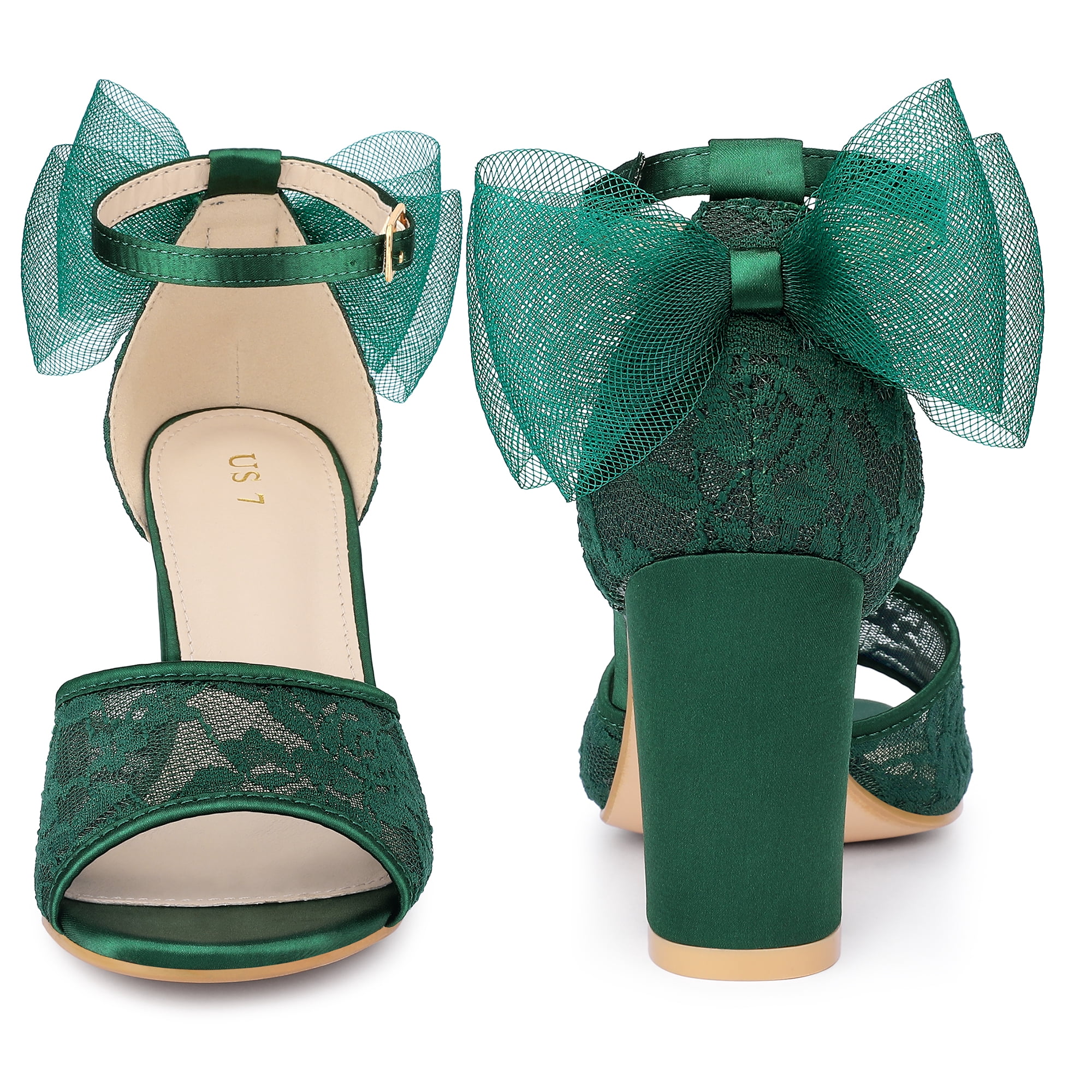 DARING DIVA Lace Open Toe Bow Ankle Strap Block Heel Sandals for Women Dark Green 8.5