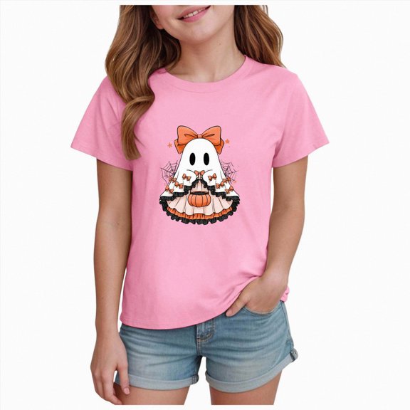 Enyan Halloween Shirts for Girls Kid Cute Spooky Season Graphic Tees Short Sleeve Ghost T-Shirt Little Girls Halloween Shirts(Size 3-4 Years)
