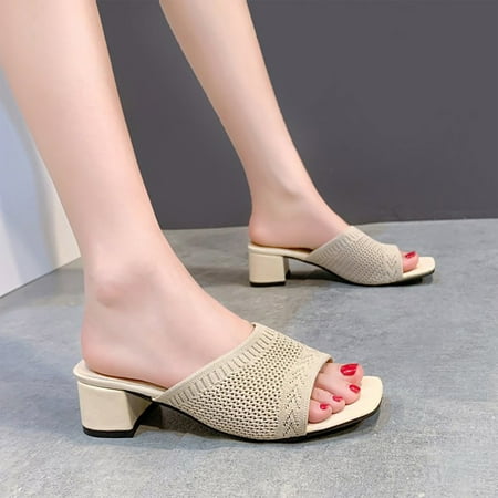 

Fidelma Women s Slippers Women s Shoes Slippers Outdoor Summer New Knitted Elastic Open Toe Middle Heel Women s Shoes Beige 38