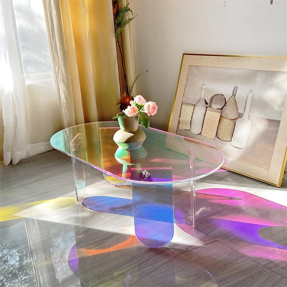 Iridescent Acrylic Coffee Table Sofa Side Table for Living Room Storage Display, 37.4x19.7x14.2 inch