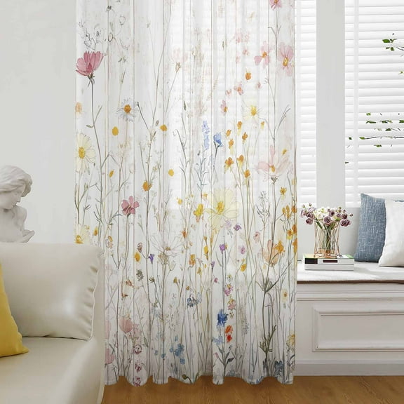 Vintage Flowers Semi Sheer Curtains Drapes for Living Room, Bedroom, French Doors Window 96 Inches Long, Pink Blue Colorful Botanical Rod Pocket Chiffon Curtain Drapery Voile Draperies Panel