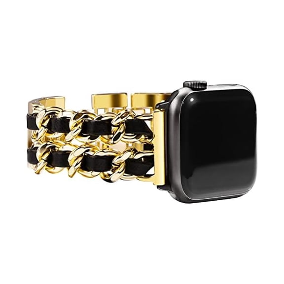 for Apple Watch Band Series 10 46mm 45mm 44mm 42mm Series3 4 5 6 7 8 9 Ultra 49mm, Jewelry Bracelet for iWatch Band for Women, Gold Link with Black Leather