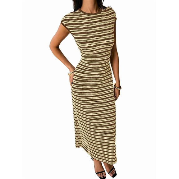Women'S Striped Dress Crewneck Cap Sleeve Bodycon Knit Summer Midi Dresses Brown XL