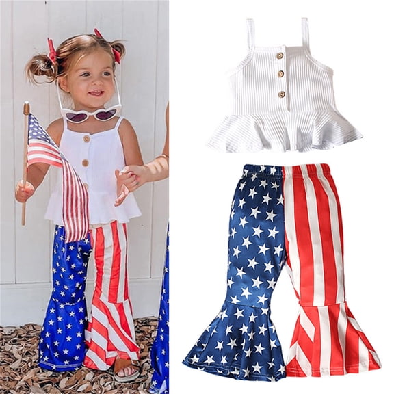 SONGGE Toddler Girls Sleeveless Independence Day 4 Of July Ribbed Tops O-Neck Vest Pants Outfit Sets Cartoon Holiday Clothes Sets