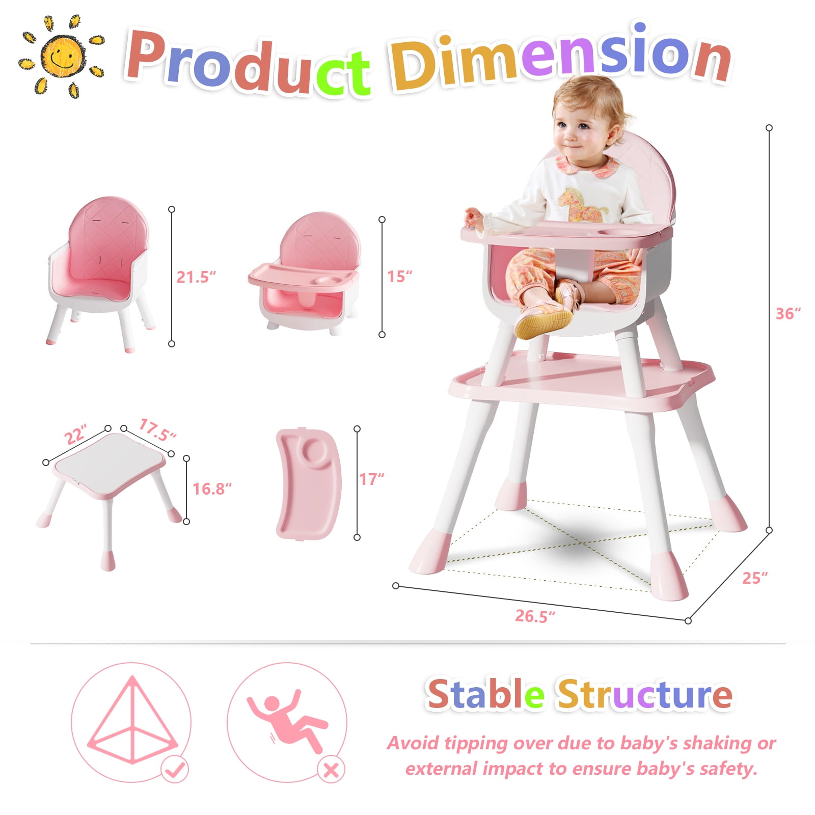 Baby High Chair 6 in 1 Convertible Highchair for Babies and Toddlers Booster Seat Floor Seat Function