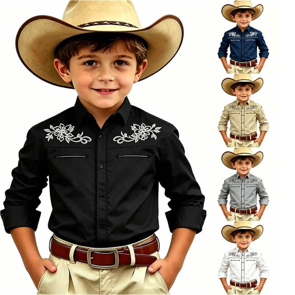 SGMVNU Boys Girls Western Cowboy Shirts Retro Long Sleeve Button Down Shirt Kids Fashion Cowboy Outfit for Halloween, Size 10-11 Years, Black