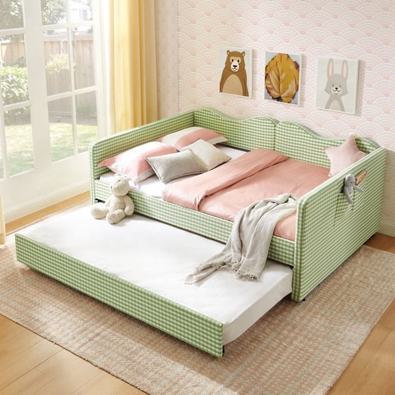 Full-Size Gingham Upholstered Daybed with Pull-Out Trundle and Side Storage Pocket, Solid Wood Frame Multi-Functional Sofa Bed, Green
