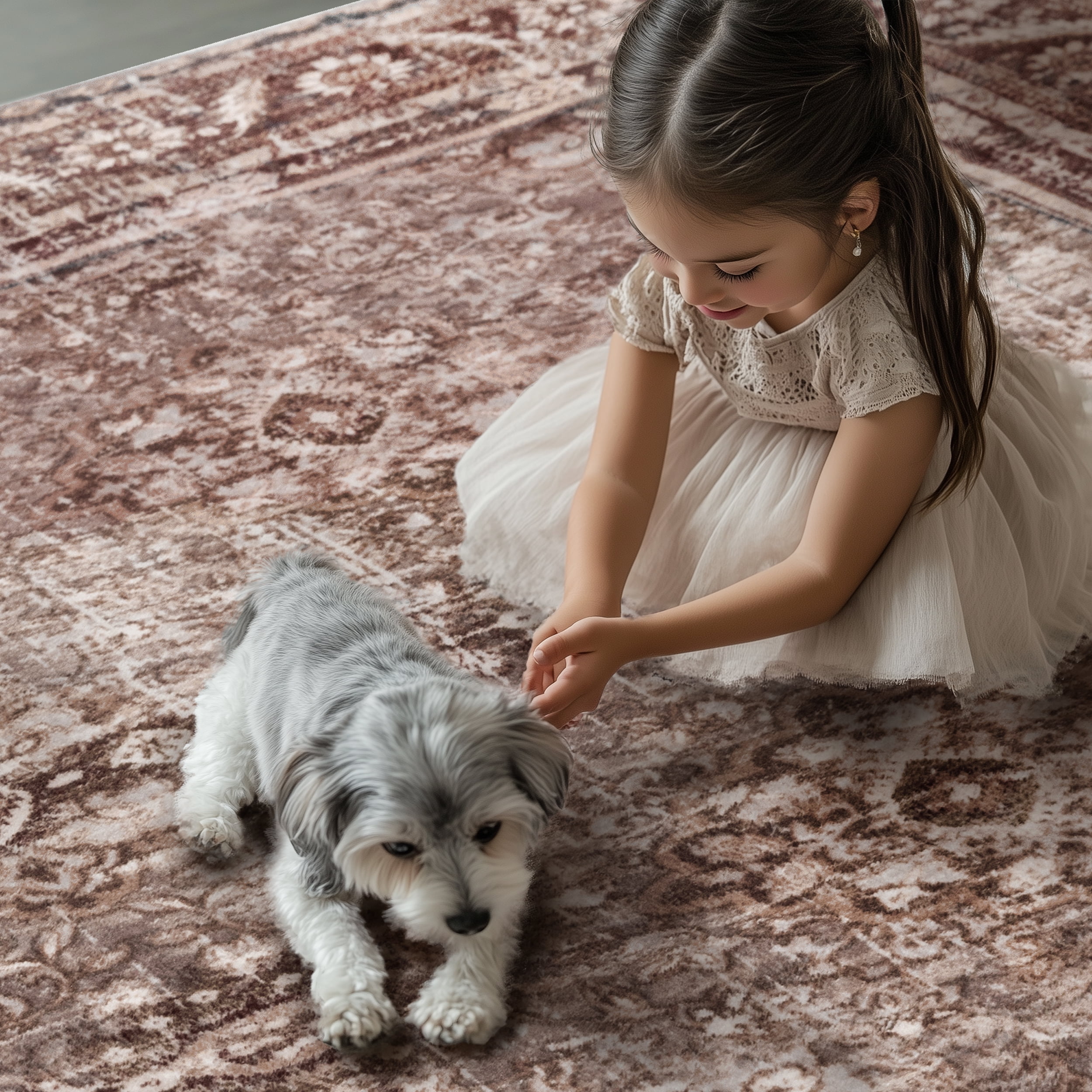ARJINCUTE Distressed Vintage Low Pile Area Rugs 9'x12', Non-Slips Machine Washable Traditional Farmhouse Floor Carpet, Brown